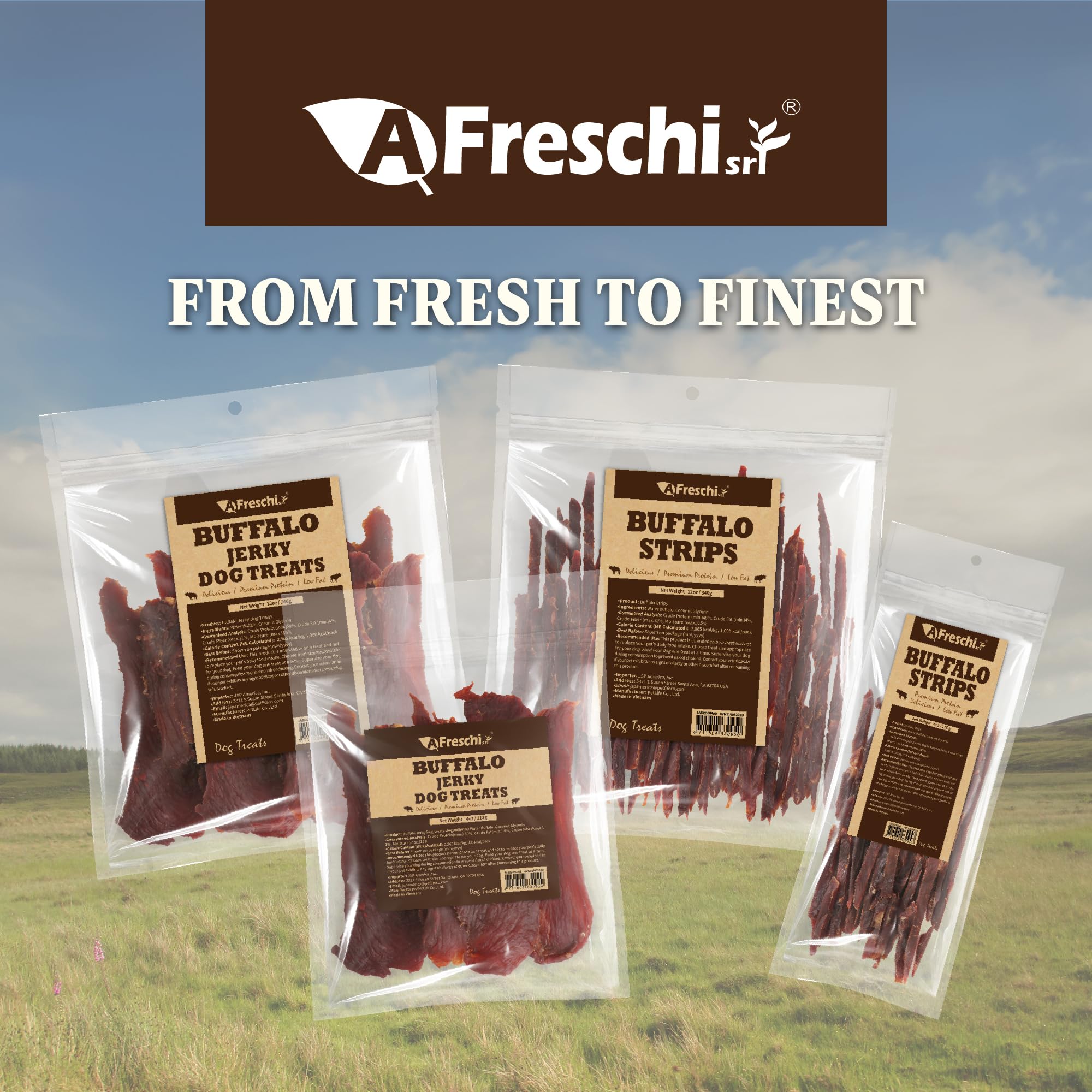 A Freschi srl Buffalo Dog Treats, origen limpio con ausencia de ingredientes de China continental