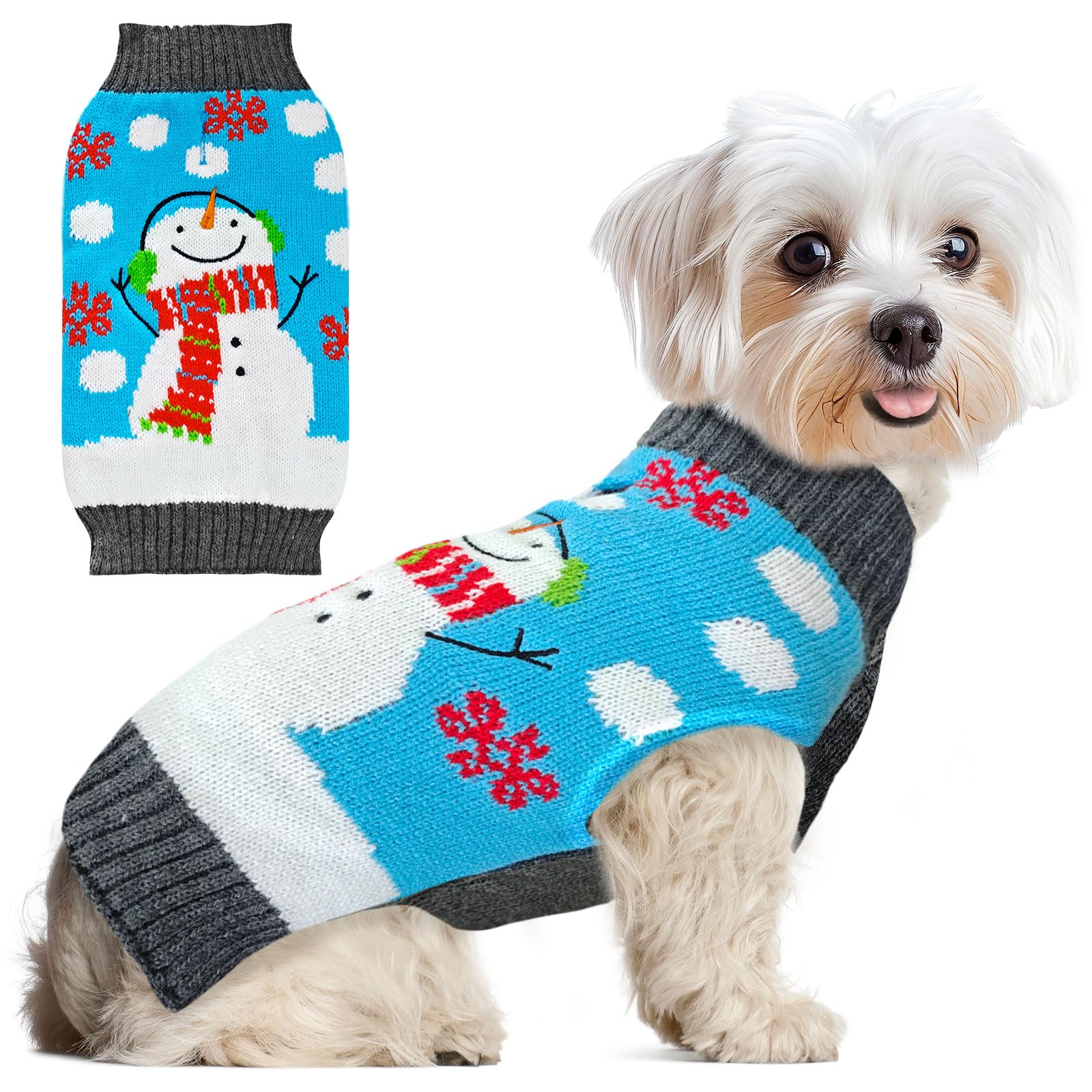 ABRRLO sueter navideno para perro azul con muñeco de nieve, ideal para salidas festivas.
