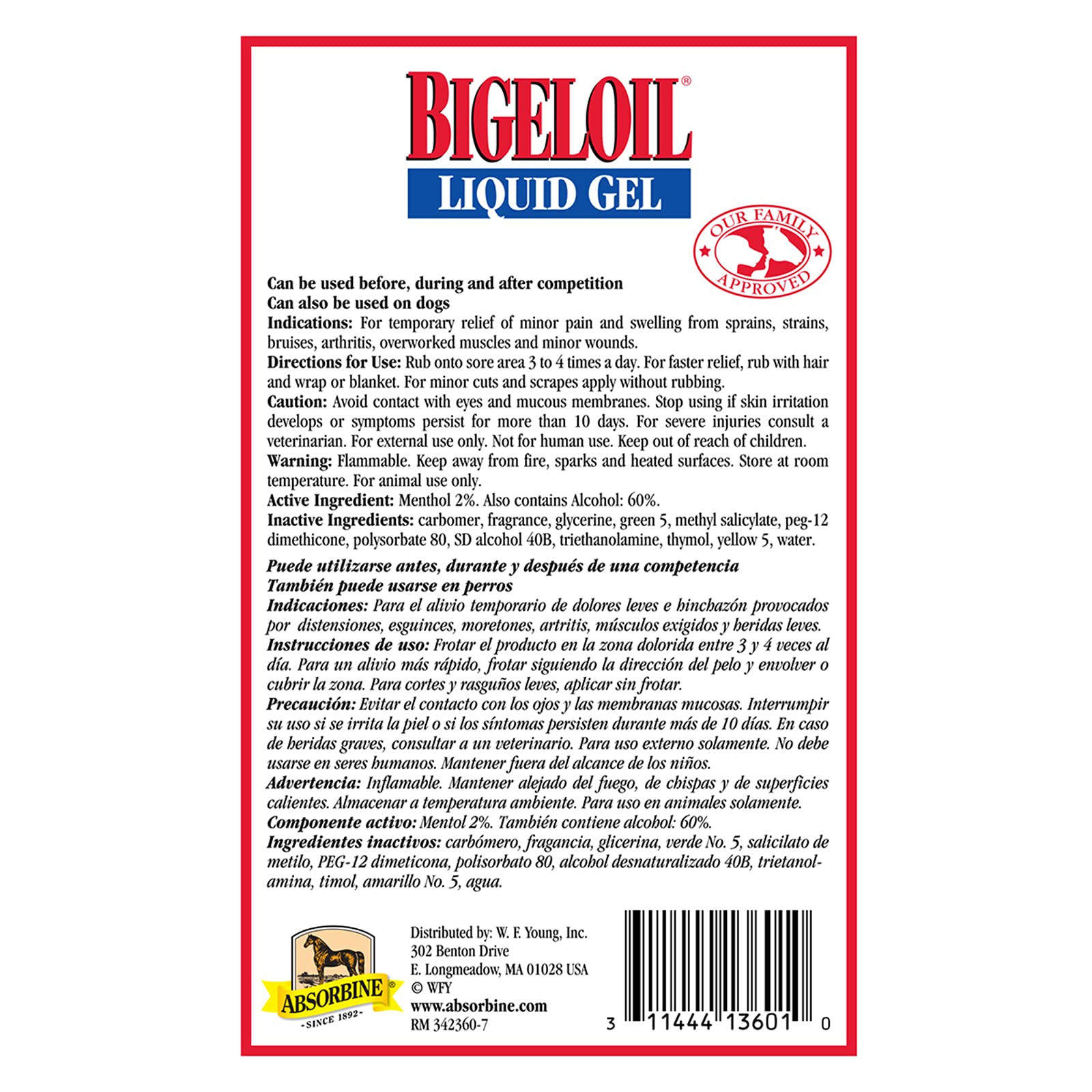 Absorbine Bigeloil Linimento Gel, aplicación manual para dolor muscular.