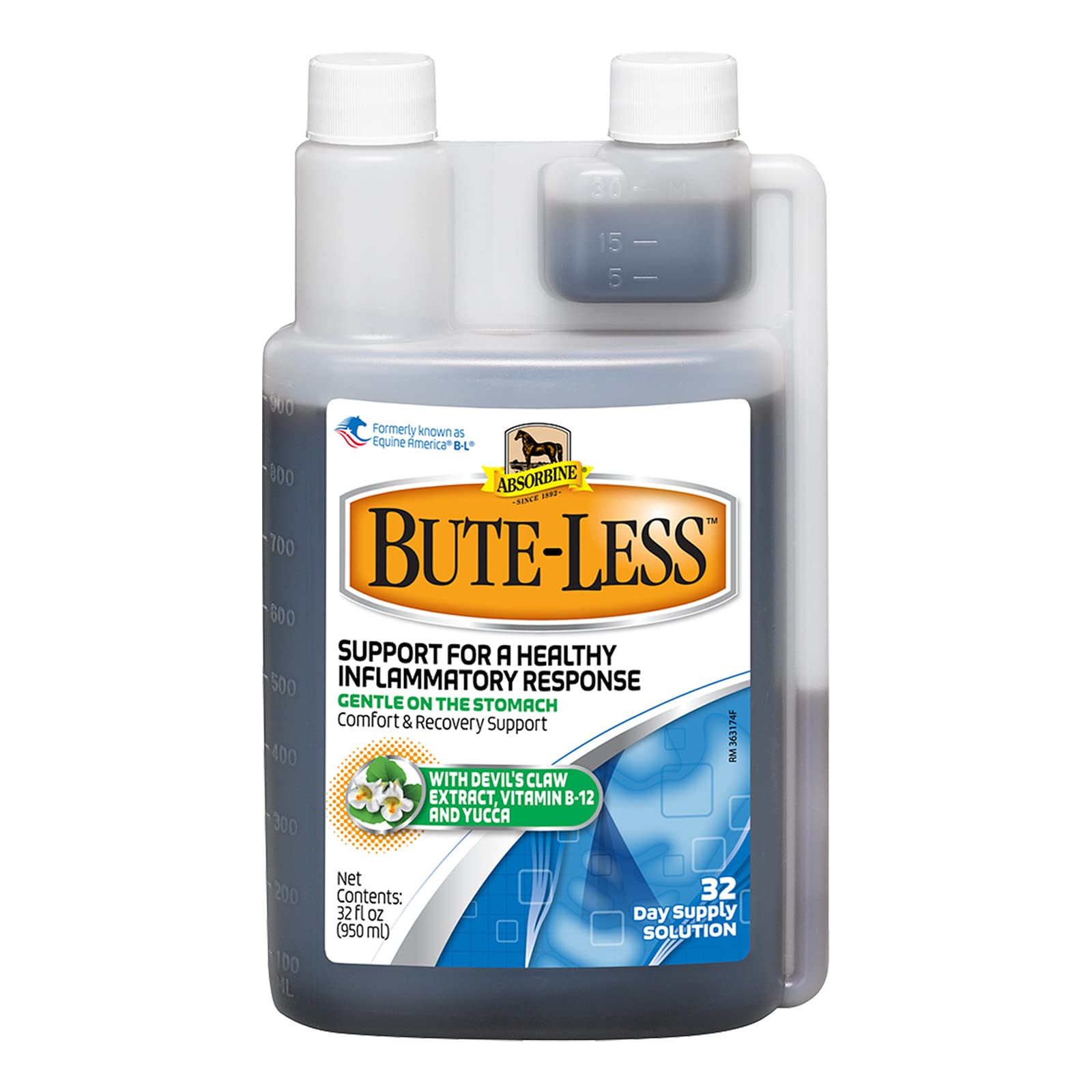 Absorbine Bute-Less, botella visible para comodidad sostenida durante el entrenamiento.