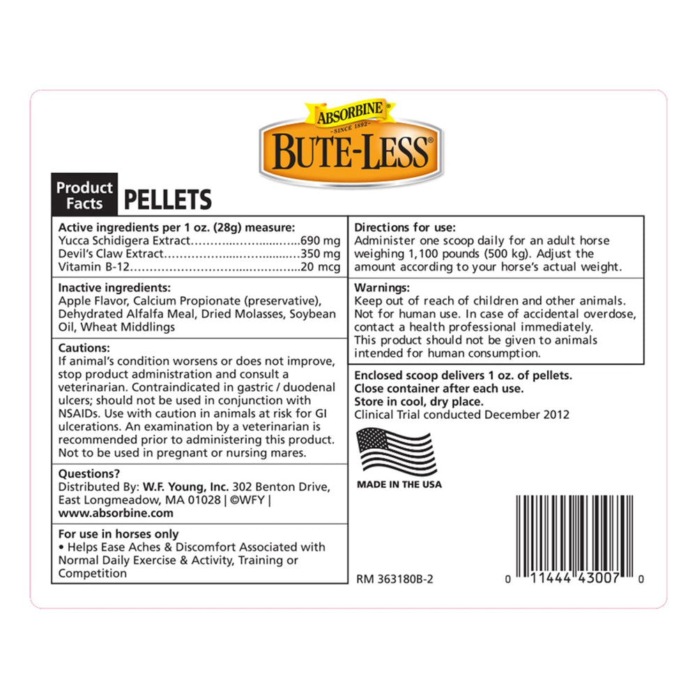Absorbine Bute-Less: ingredientes clave como garra del diablo y vitamina B-12 para apoyo general.