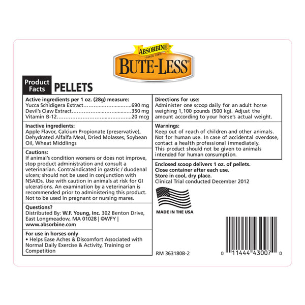 Absorbine Bute-Less: ingredientes clave como garra del diablo y vitamina B-12 para apoyo general.