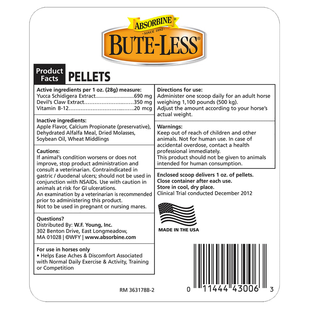 Absorbine Bute-Less, etiqueta clara destacando ingredientes naturales