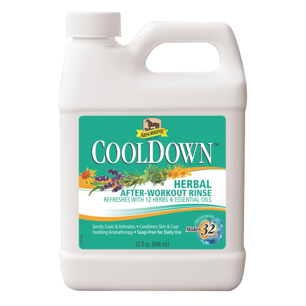 Absorbine CoolDown frasco muestra la solución herbal para el cuidado post-entrenamiento del caballo.