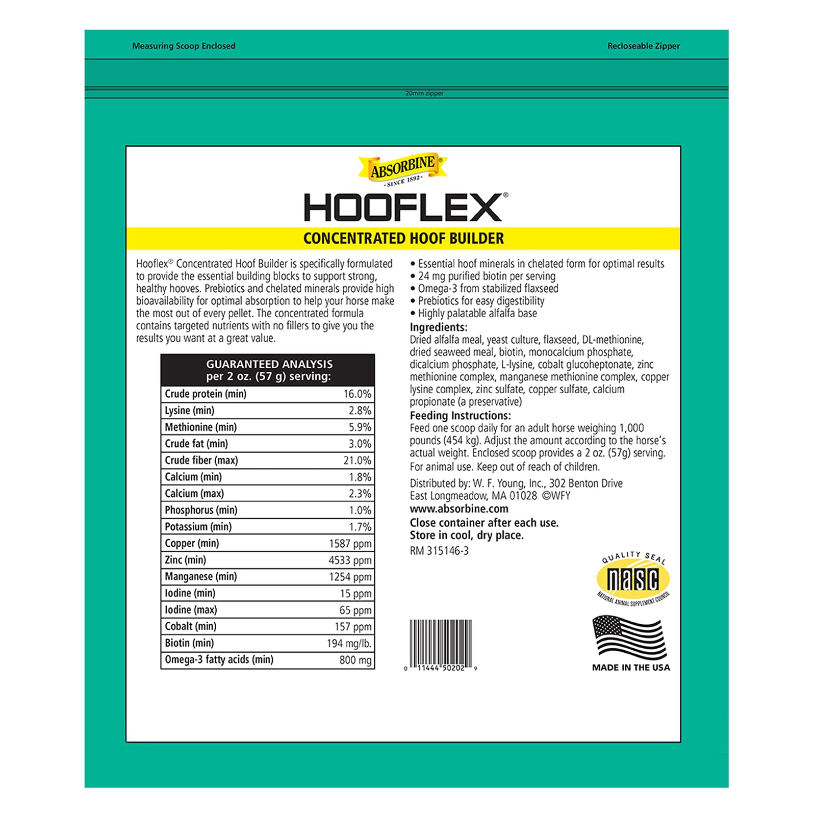 Detalle de pellets de Absorbine Hooflex, textura concentrada para nutrición.