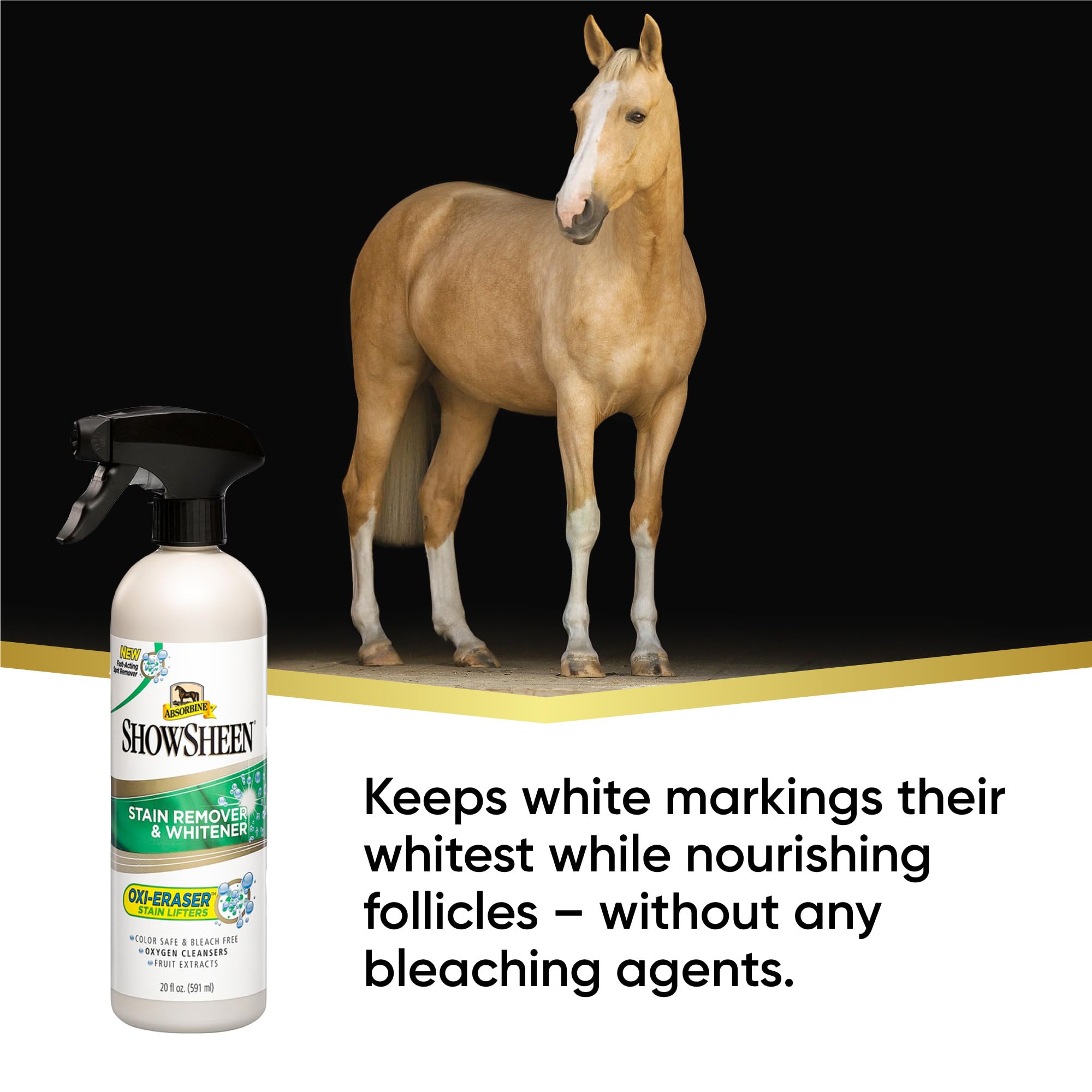 Absorbine ShowSheen elimina manchas sin blanqueadores agresivos.