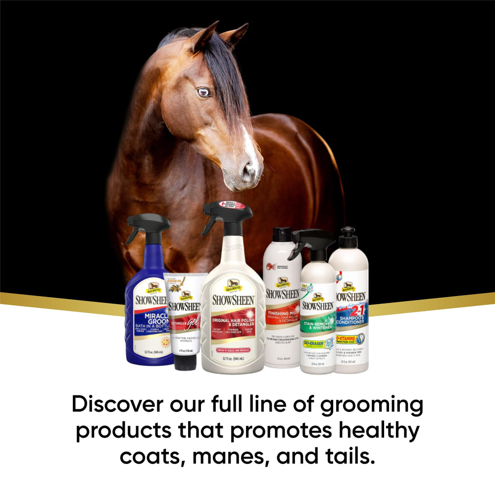 Absorbine ShowSheen proporciona cuidado suave sin blanqueadores para caballos.