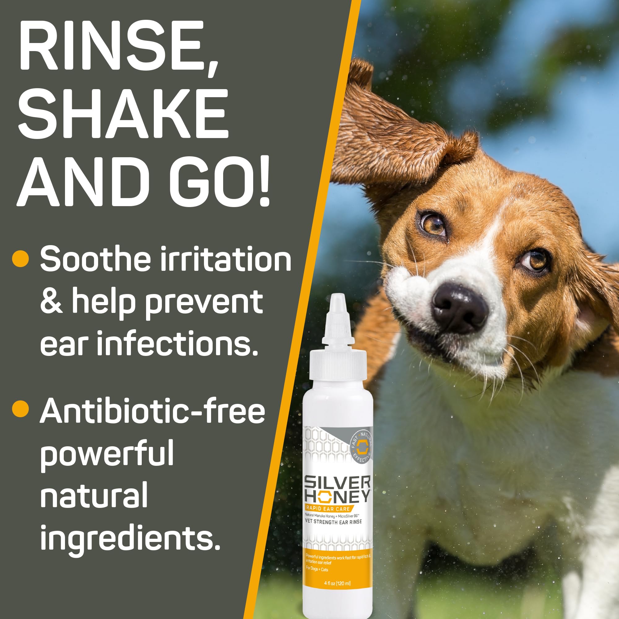 Absorbine Silver Honey Rapid Ear Care: enfoque en MicroSilver BG para protección suave.