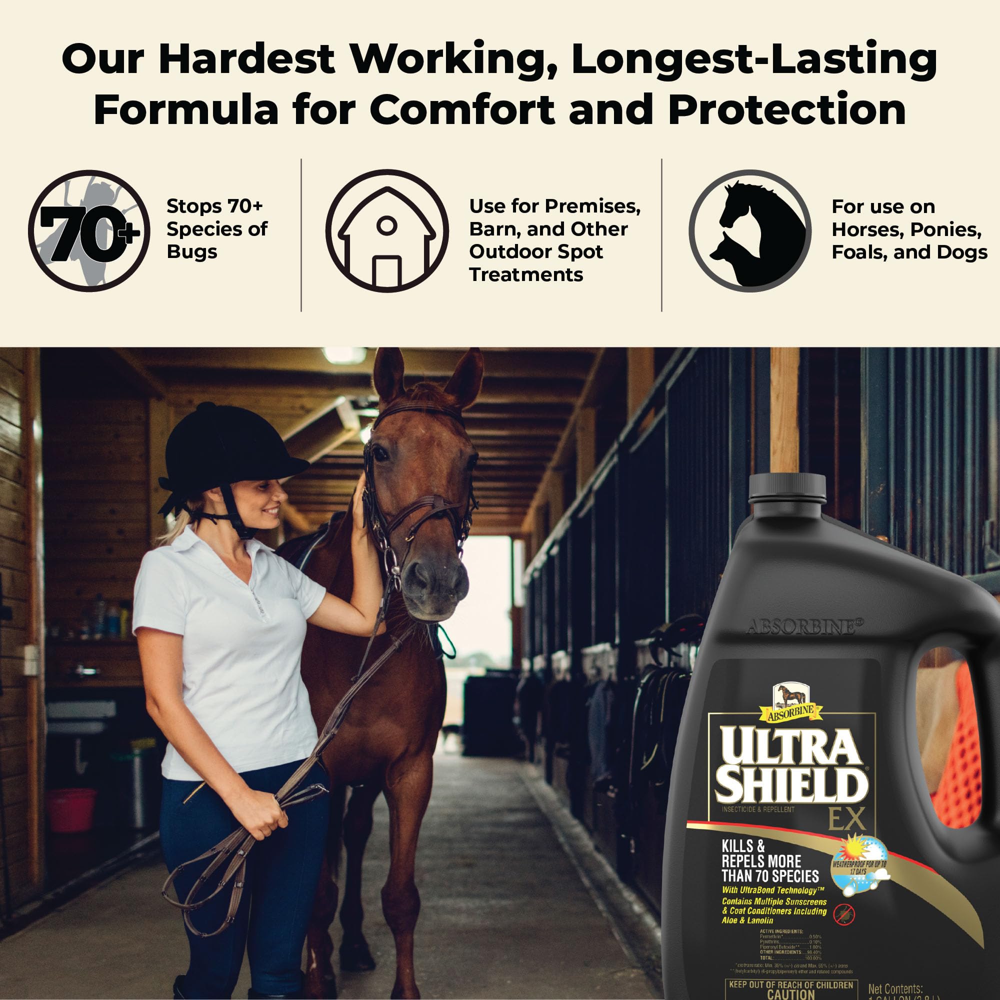 Absorbine UltraShield EX aplicado en caballo para repeler moscas y garrapatas.