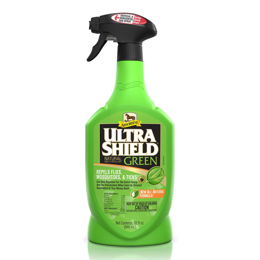 Absorbine UltraShield Green, botella spray para uso diario en caballos y perros.