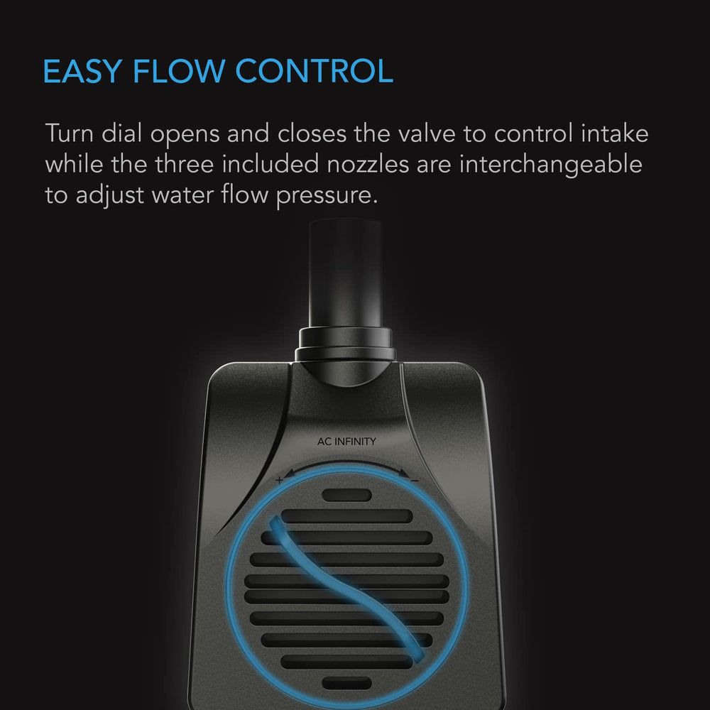 Bomba AC Infinity para fuentes y estanques con elevación fiable.