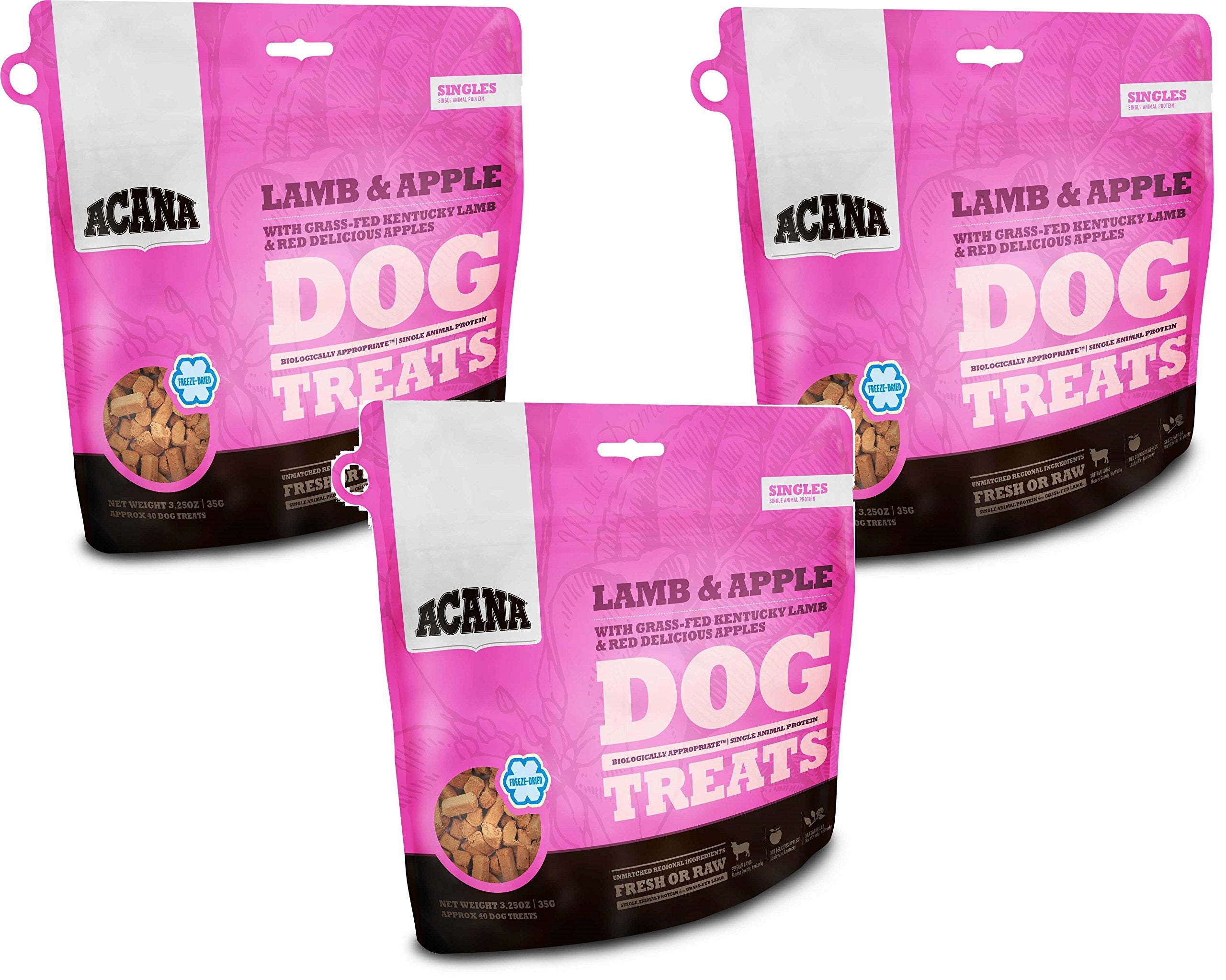 Premio ACANA Singles para perros, bolsa con cordero y manzana, perfecto para entrenamiento.