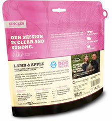 ACANA Singles para perros, detalle de ingredientes cordero y manzana, sabor crujiente para snack saludable.