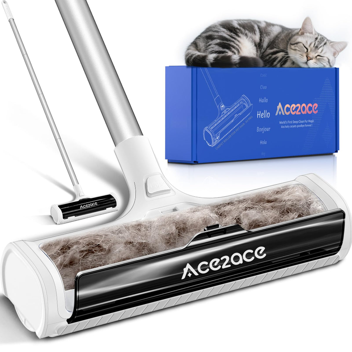 ACE2ACE A3 Pro rodillo para alfombras, elimina pelo de mascotas rápidamente.