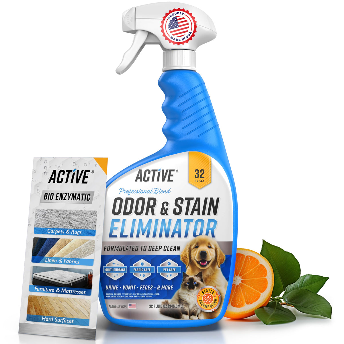 ACTIVE Eliminador de Olores para Mascotas: botella rociando para neutralizar olores.
