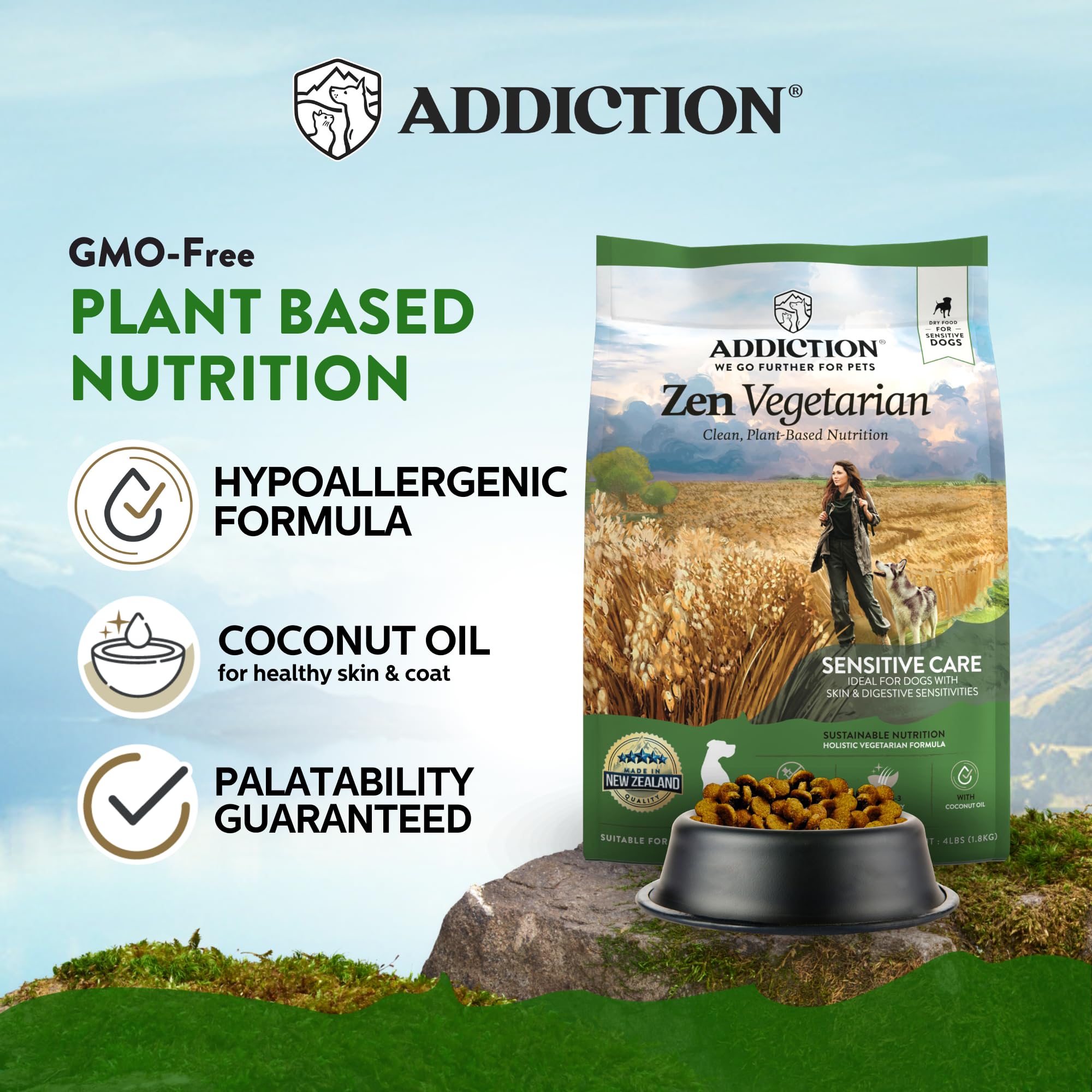 Addiction Zen Vegetarian: etiqueta nutricional clara para perros.