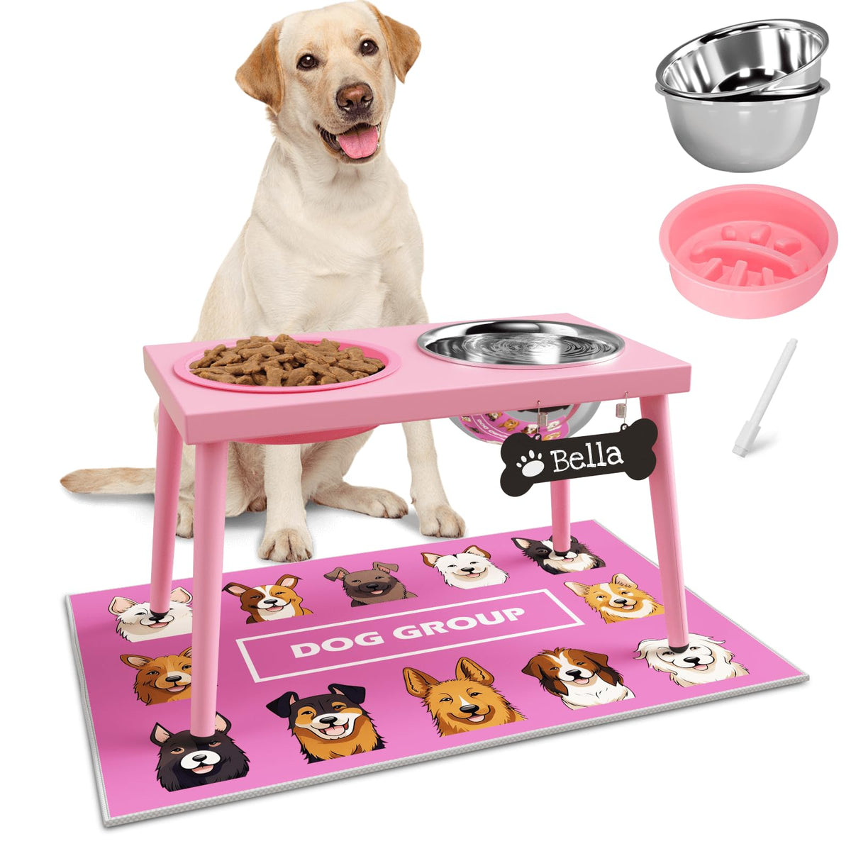 ADENGL soporte alzado para perro en rosa mejora la postura durante la comida.