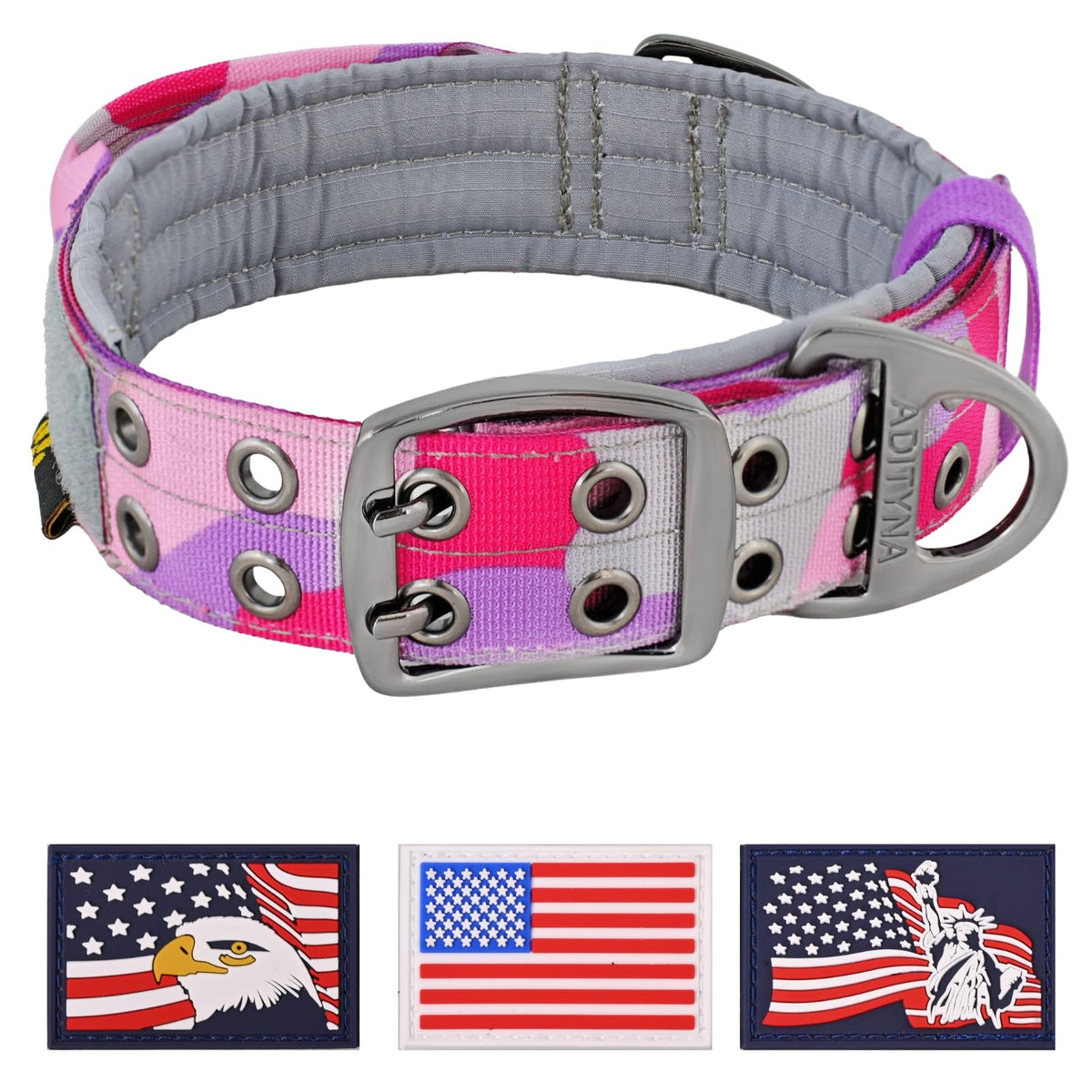 ADITYNA collar para perro con camo rosa-morado, cómodo para razas grandes en paseos.