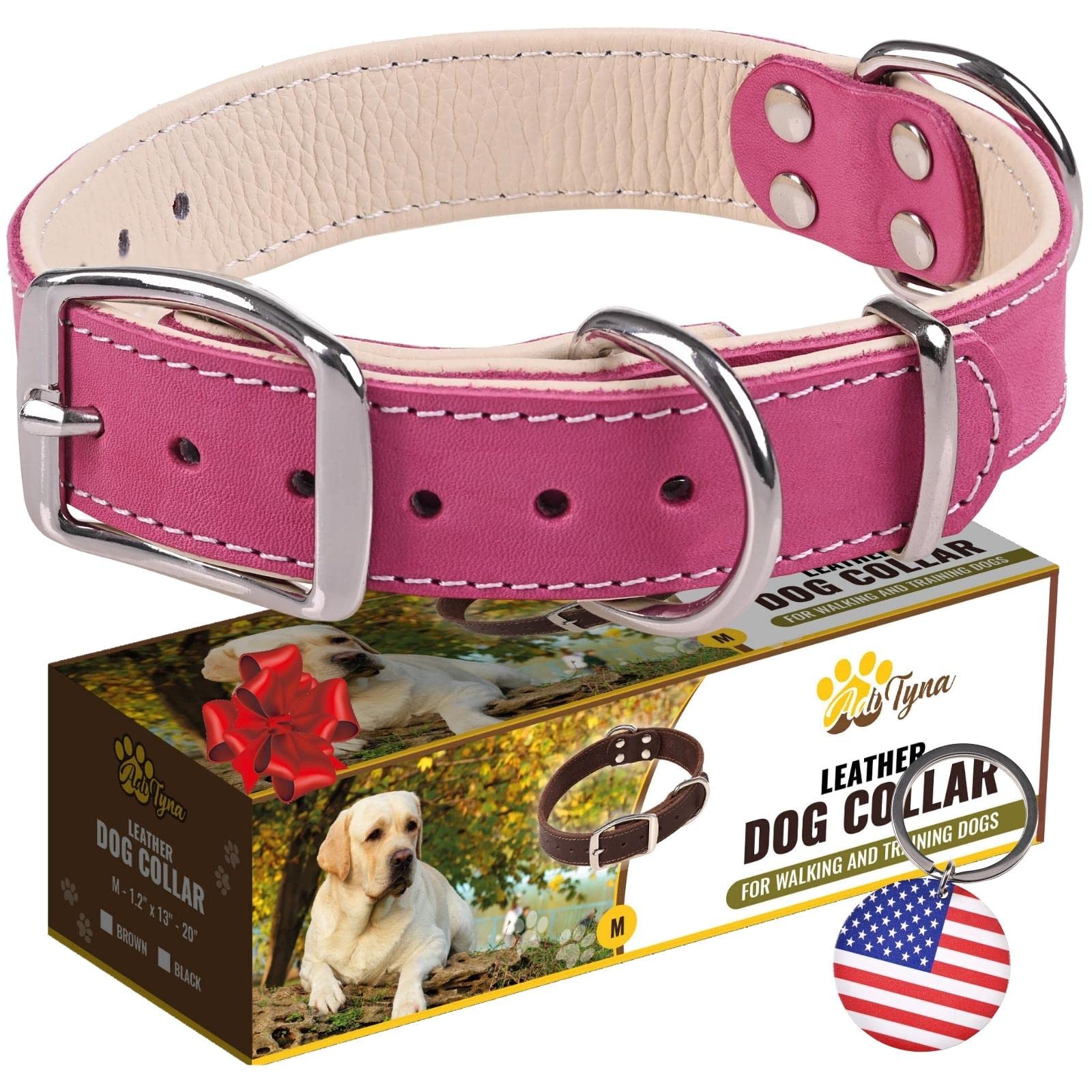 ADITYNA collar de piel rosa para perro mediano, frente elegante y cómodo para paseos.