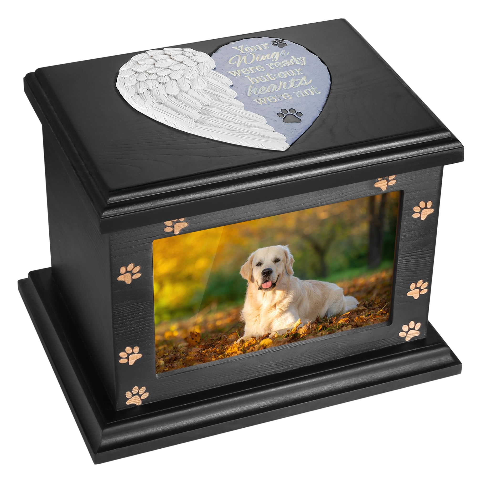 ADMLC urna de memoria para mascotas con marco de foto frente, ideal para conservar recuerdos.