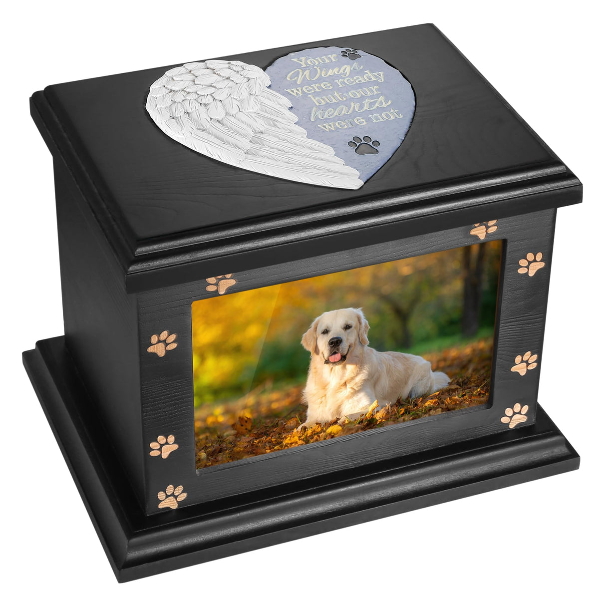 ADMLC urna de memoria para mascotas con marco de foto frente, ideal para conservar recuerdos.