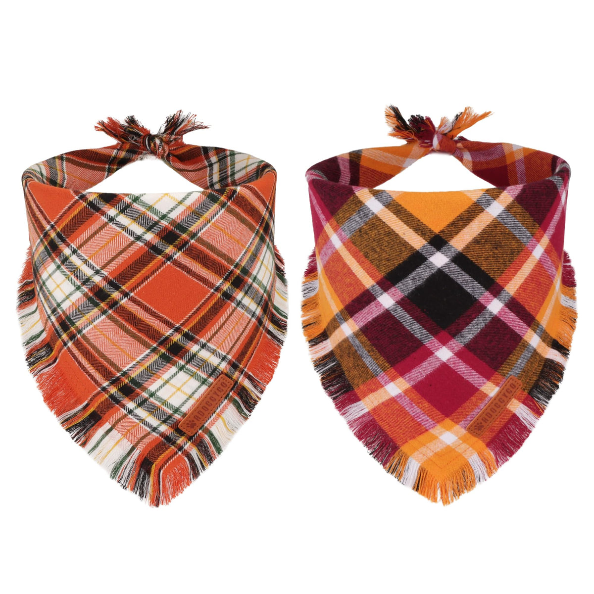ADOGGYGO bandana para perros otoñal con flecos naranjas y cuadros, ideal para paseos.