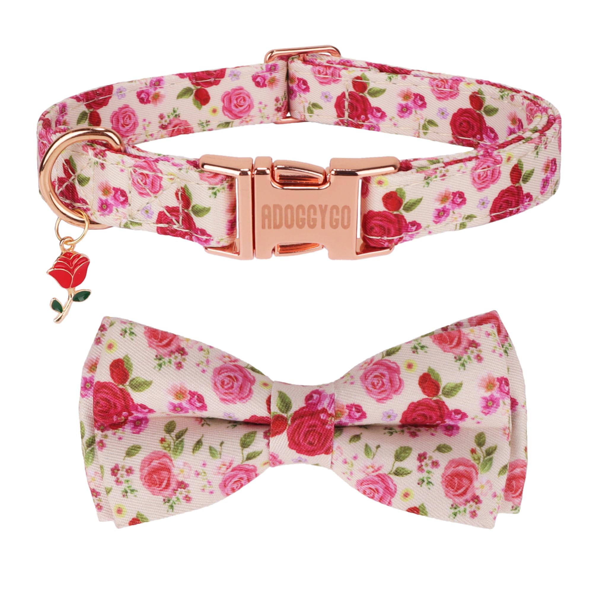 ADOGGYGO collar floral con lazo, rosas rojas, ideal para paseos con estilo.