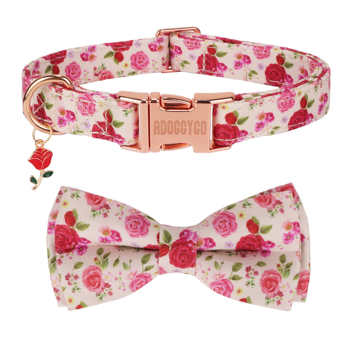 ADOGGYGO collar floral con lazo, rosas rojas, ideal para paseos con estilo.