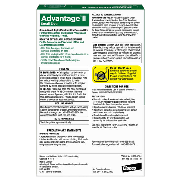 Advantage II, efecto en 12 horas, mata pulgas por contacto.