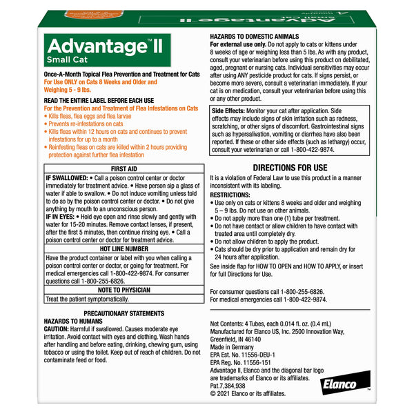 Advantage II Gato Pequeño: tubo aplicador fácil de usar para tratamiento mensual.