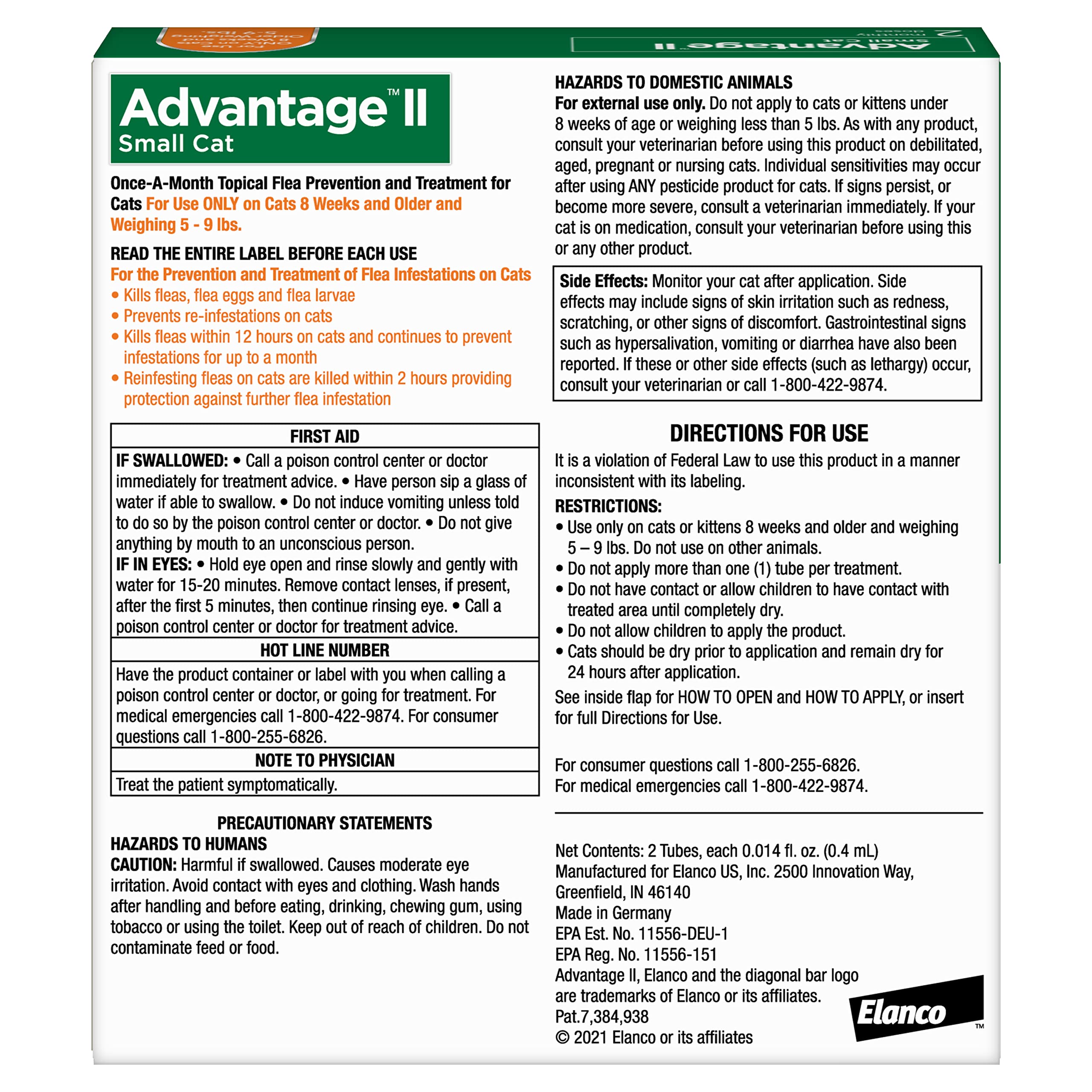 Advantage II actúa en 12 horas para pulgas en gatos pequeños.