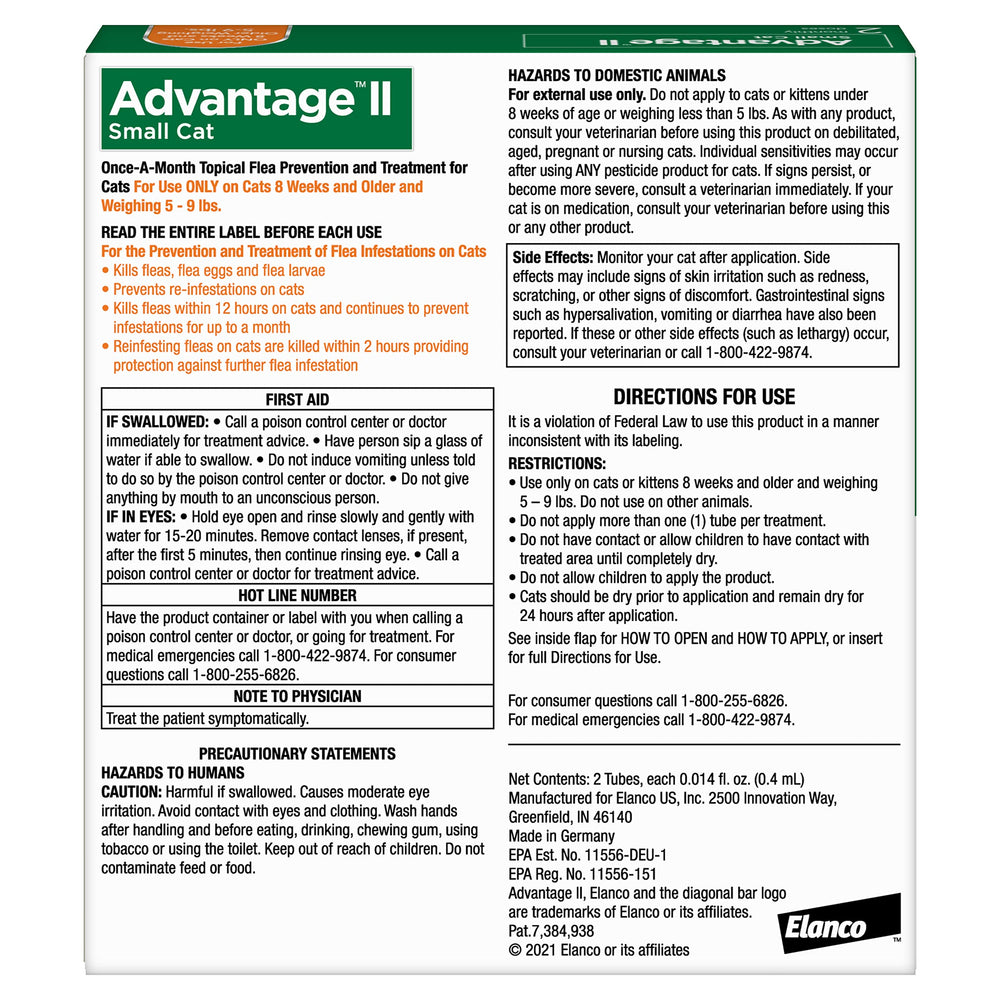 Advantage II actúa en 12 horas para pulgas en gatos pequeños.