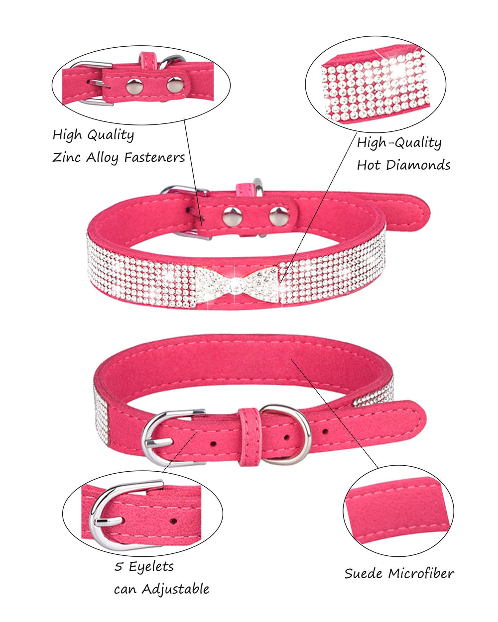 Aecllcea collar para perro pequeño con cristales rosados, brillo que resiste el uso diario.