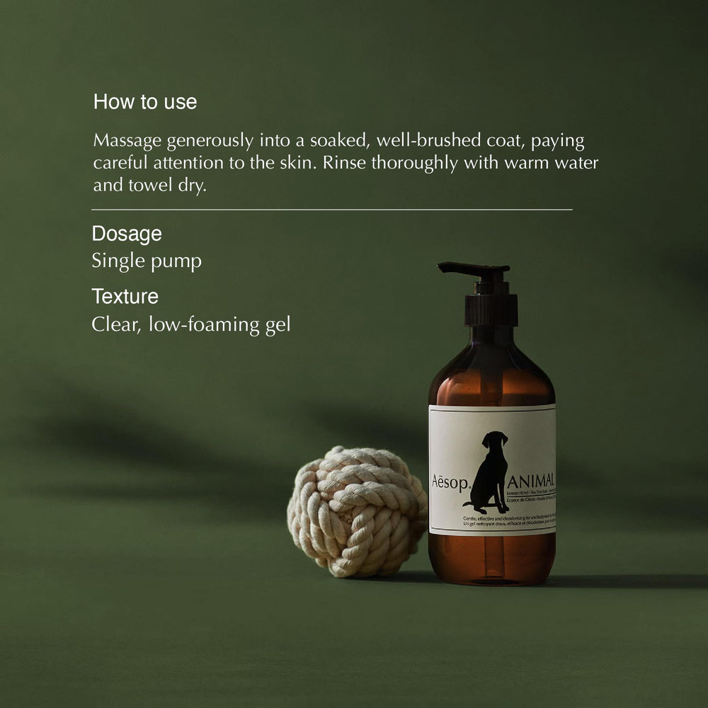 Aesop Champú para mascotas, envase reciclado visible, enfoque en sostenibilidad.