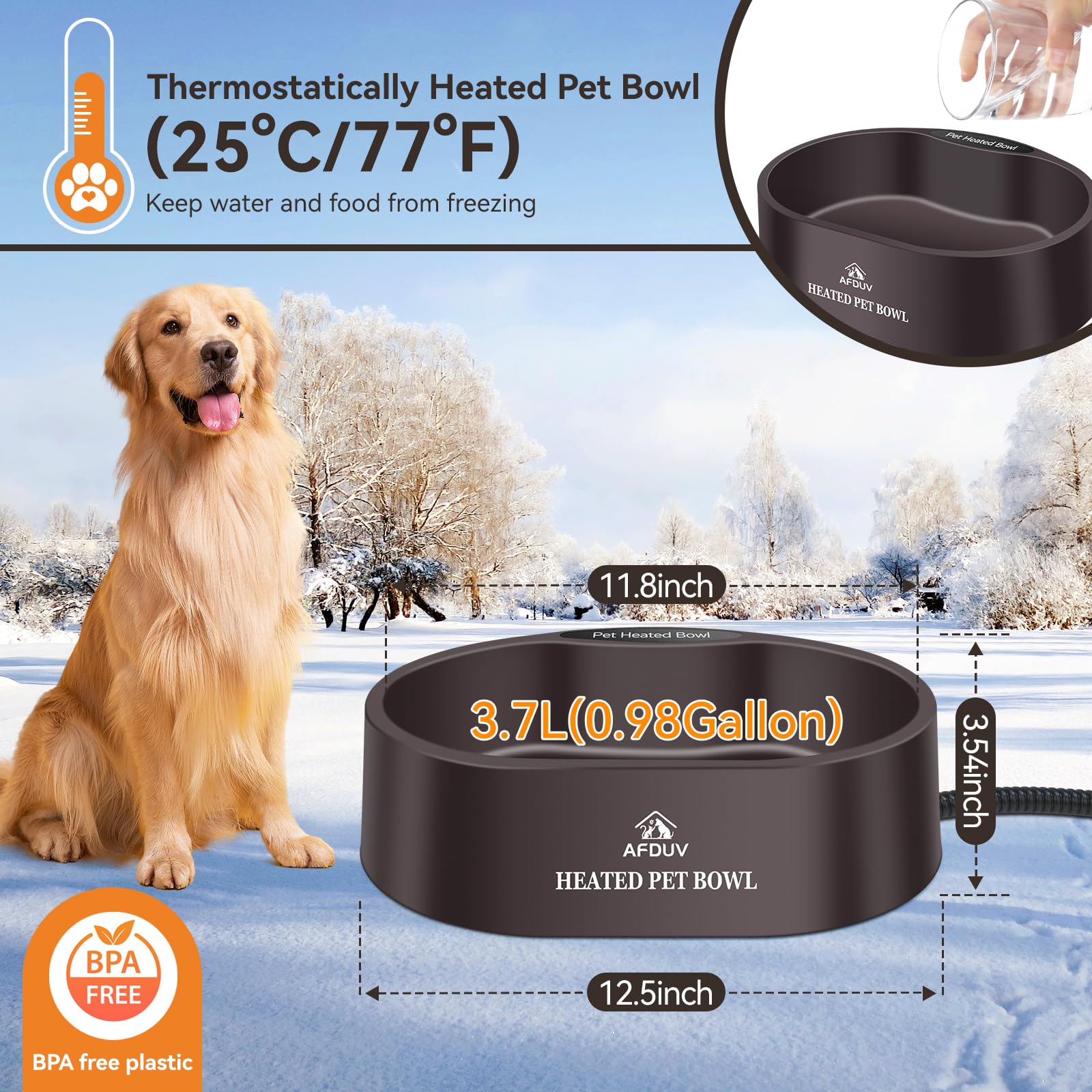 AFDUV termostato-bebedero-externo mantiene el agua a temperatura agradable para mascotas.
