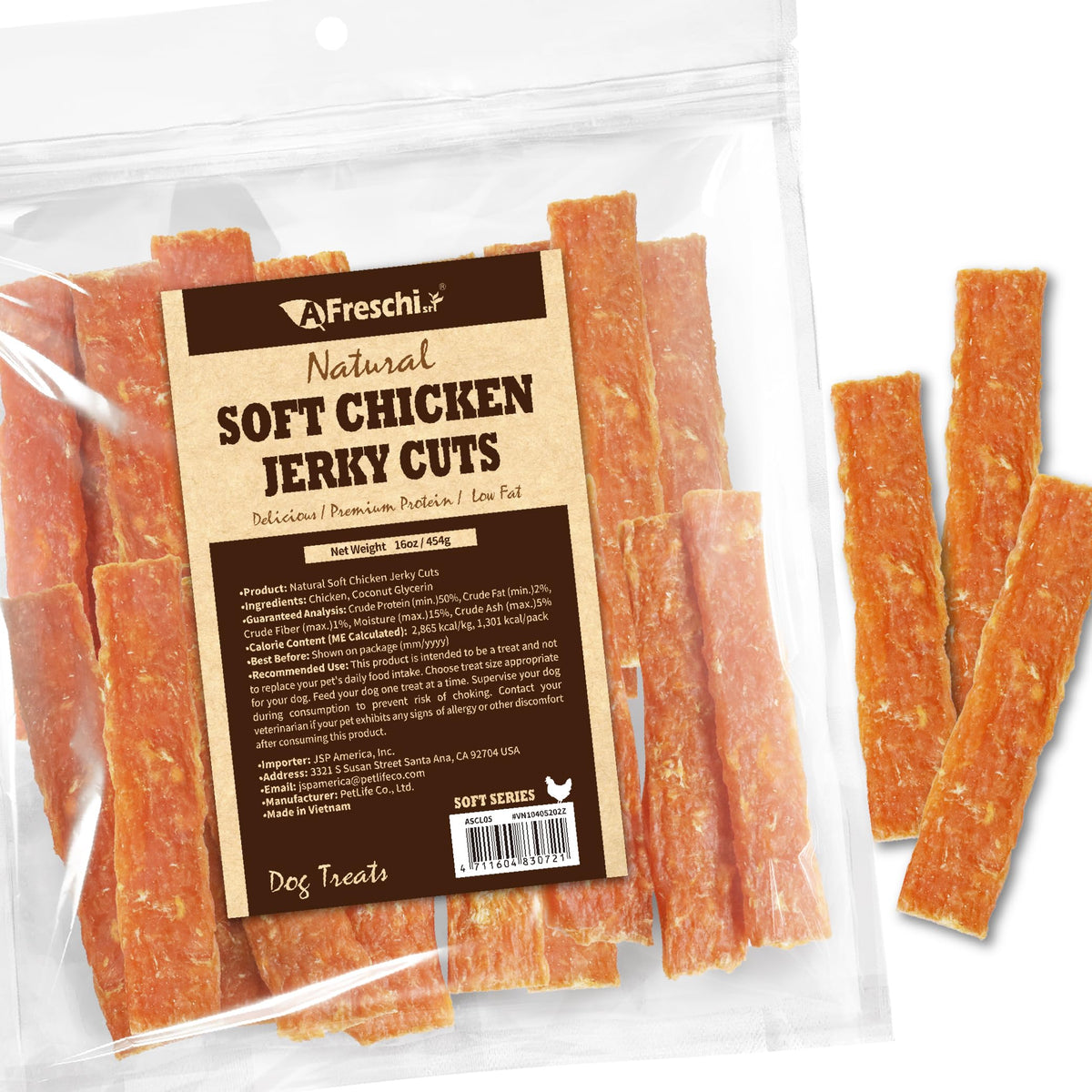 Premios Afreschi croquetas de pollo suaves para perros, ideal recompensa diaria.