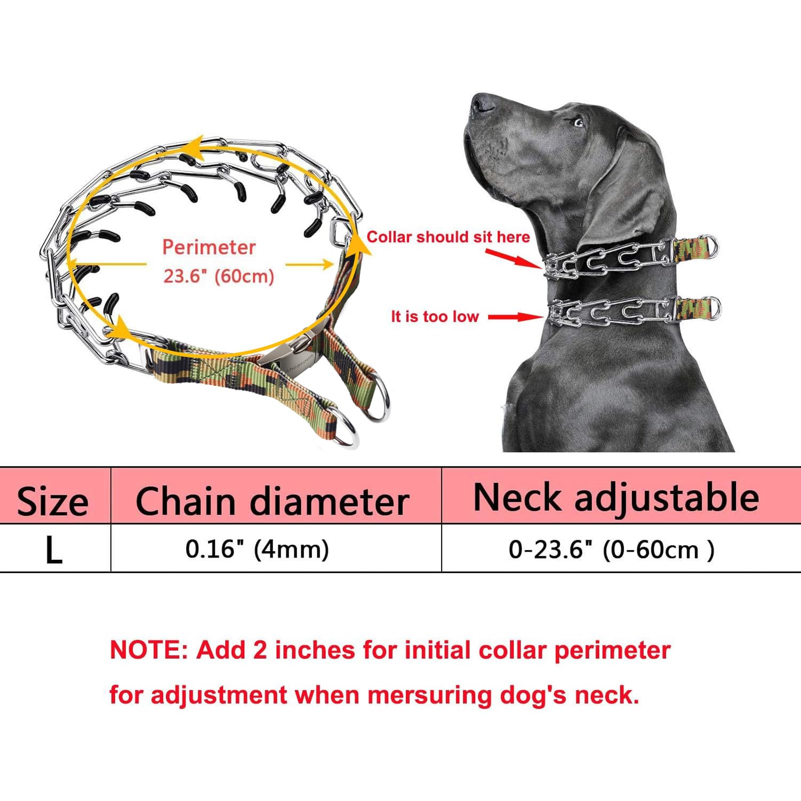 Ajuste de 23.6 pulgadas del collar de púas Aheasoun para perros grandes.