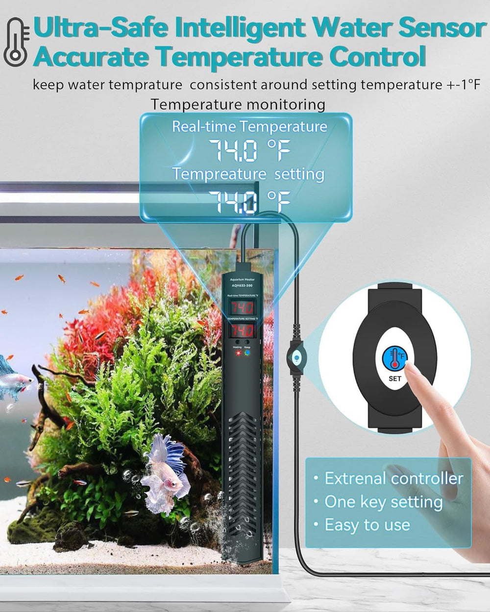 AHJ calefactor de acuario con seguridad avanzada y apagado automático