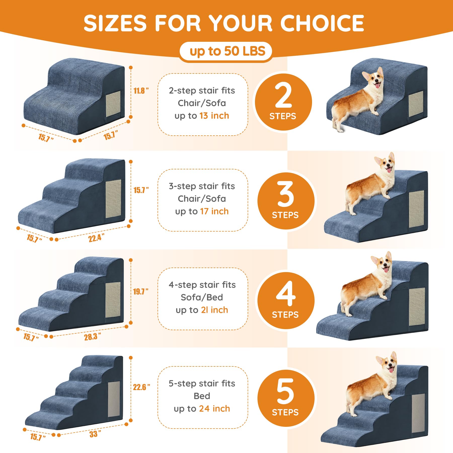 Ahpmeoa escaleras para mascotas 4 pasos, vista lateral, ideales para alcanzar el sofá.