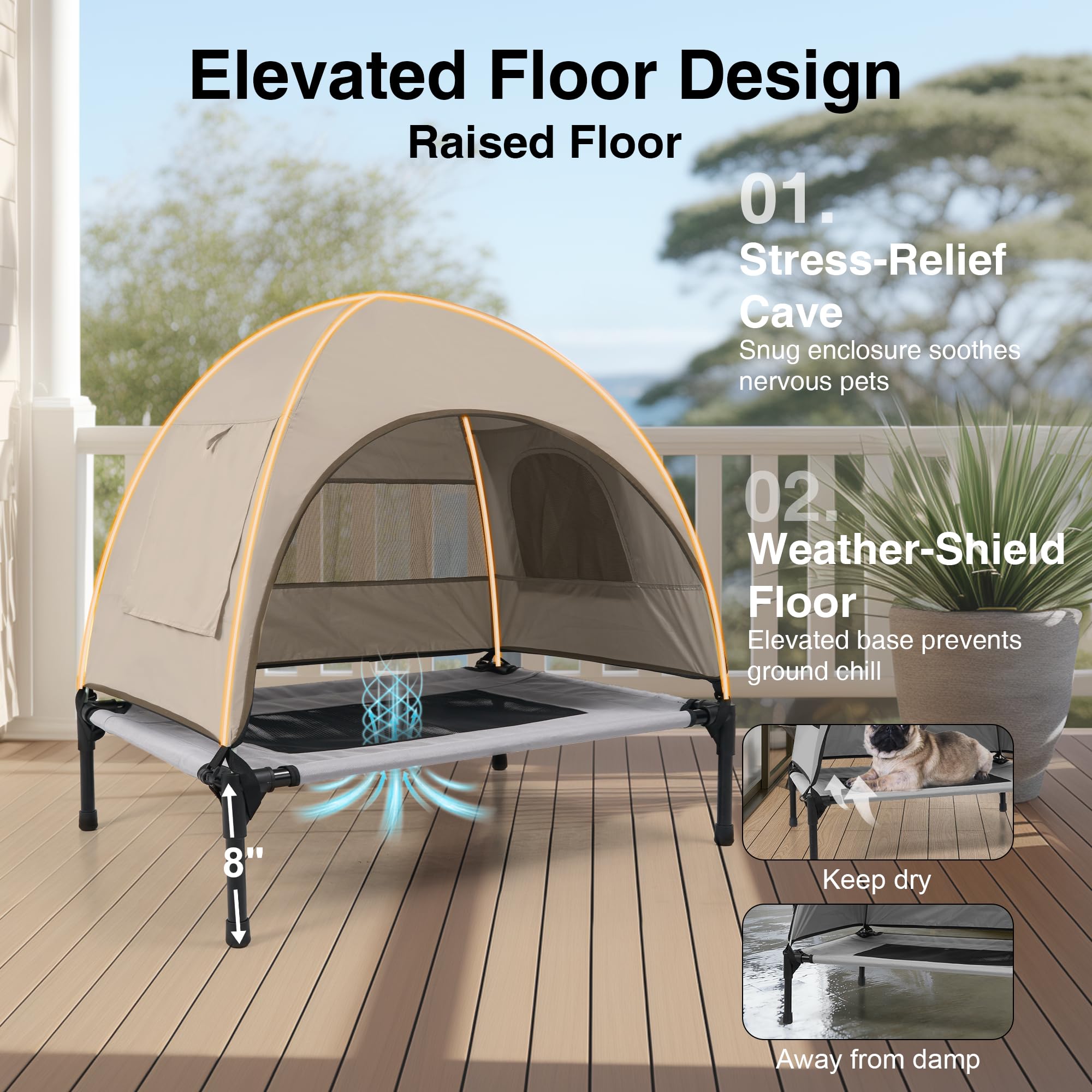 Protección solar UPF 50+ y sombra estable en la cama de perro Aimease