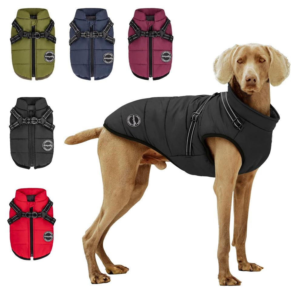 Aimydog abrigo de invierno para perro, vista frontal, mantiene el cuerpo caliente en paseos fríos.