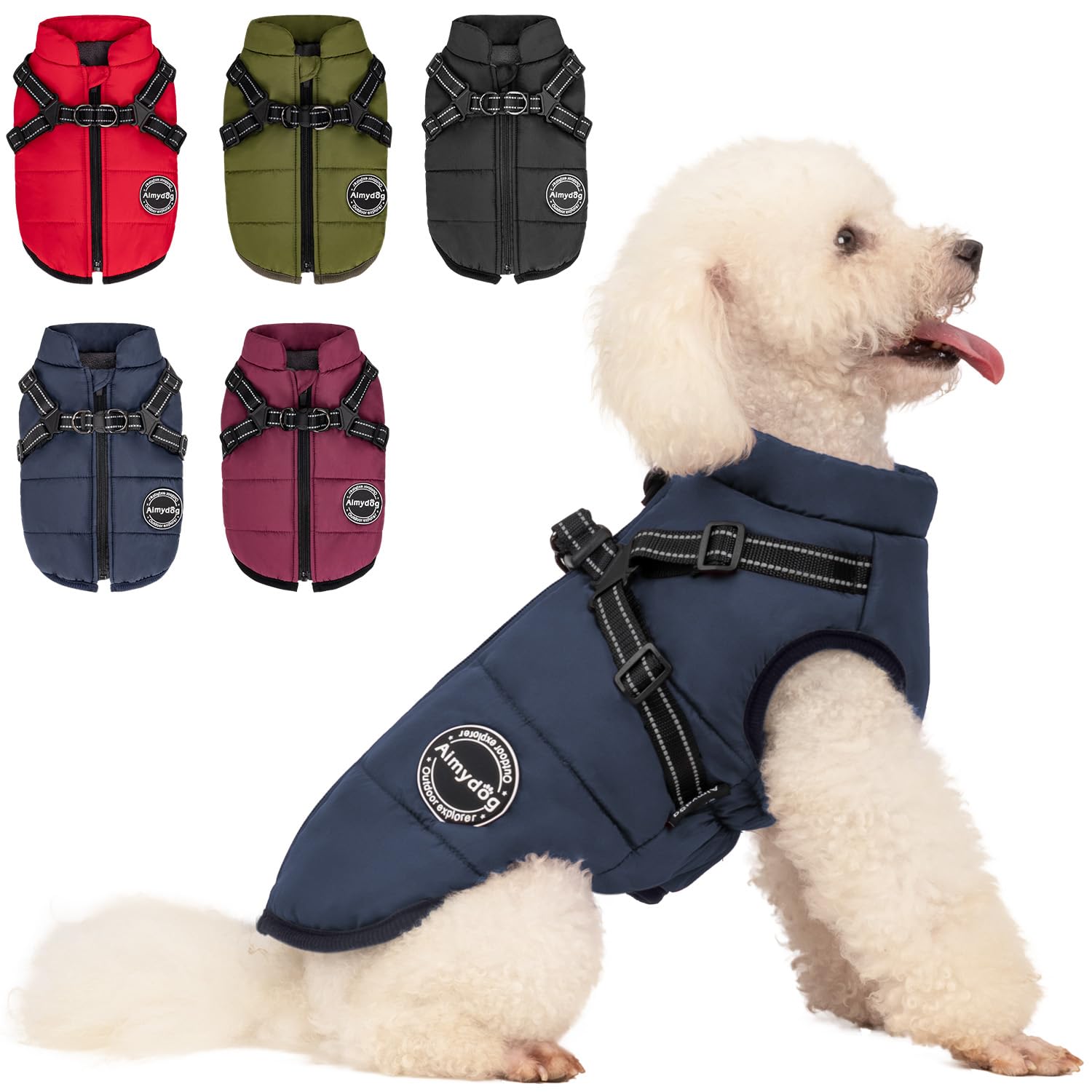 Aimydog abrigo de invierno para perros, vista frontal, ofrece calor y movilidad durante paseos.