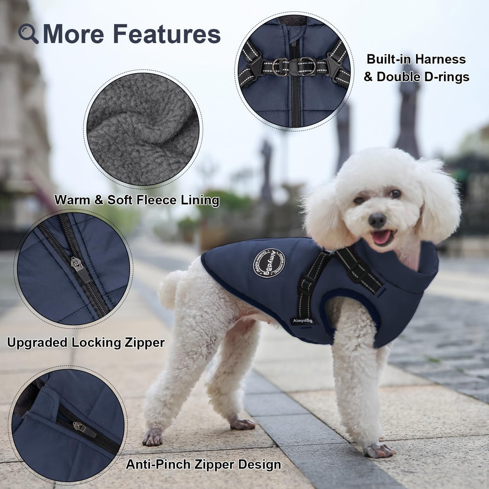 Aimydog abrigo de invierno para perros, vista trasera, cobertura total para días fríos.