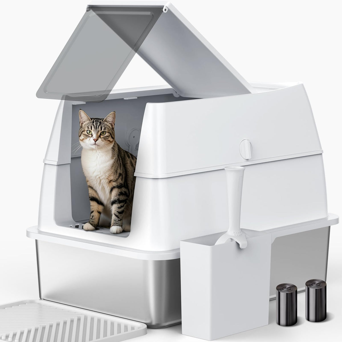 AIPERRO caja de arena de acero inoxidable con tapa XL facilita la limpieza diaria