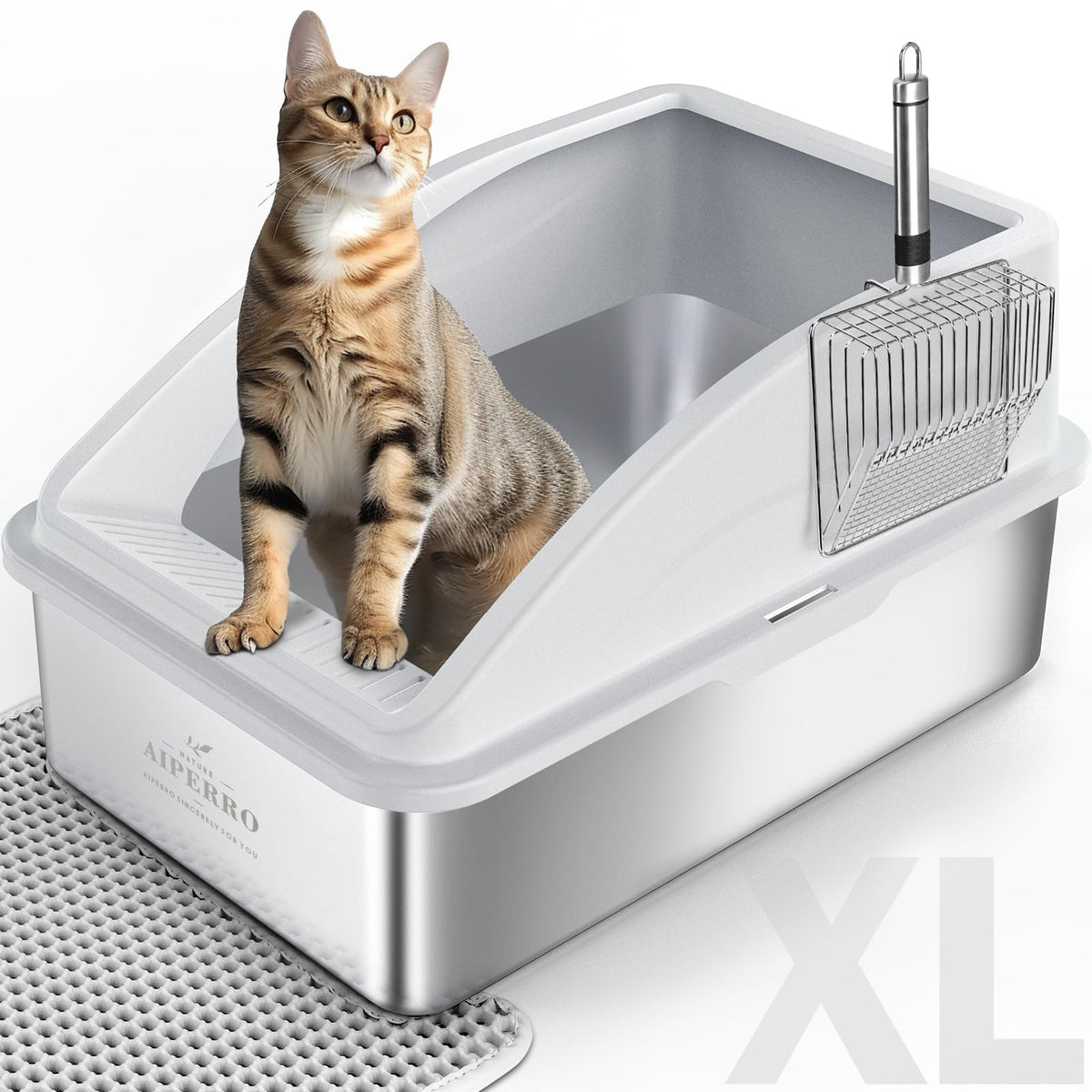 AIPERRO caja-arena-acero-inoxidable-xl-encajada para gatos grandes, duradera y fácil de limpiar.