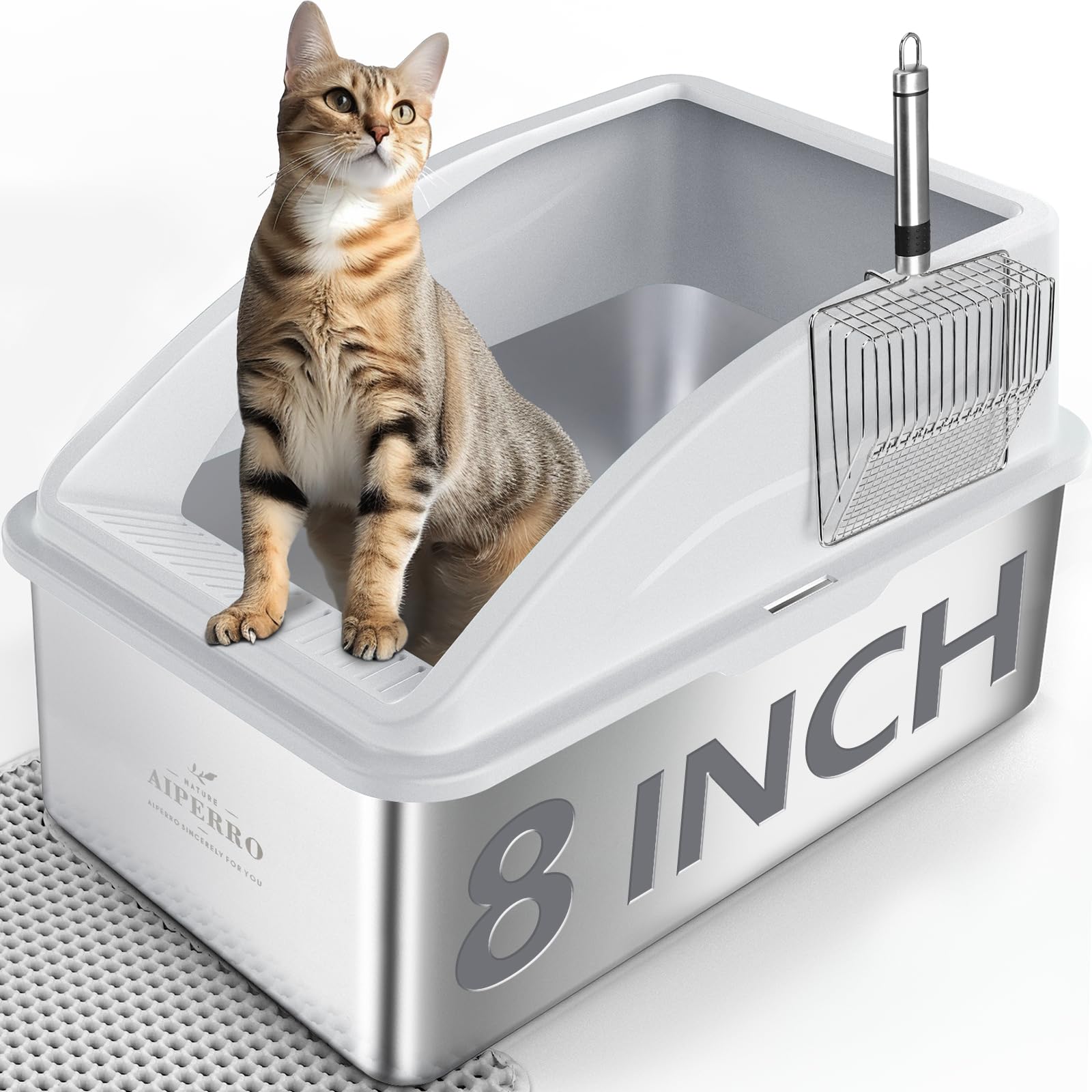 Caja AIPERRO para gatos, profundidad de 8 pulgadas, ofrece espacio cómodo para felinos grandes.