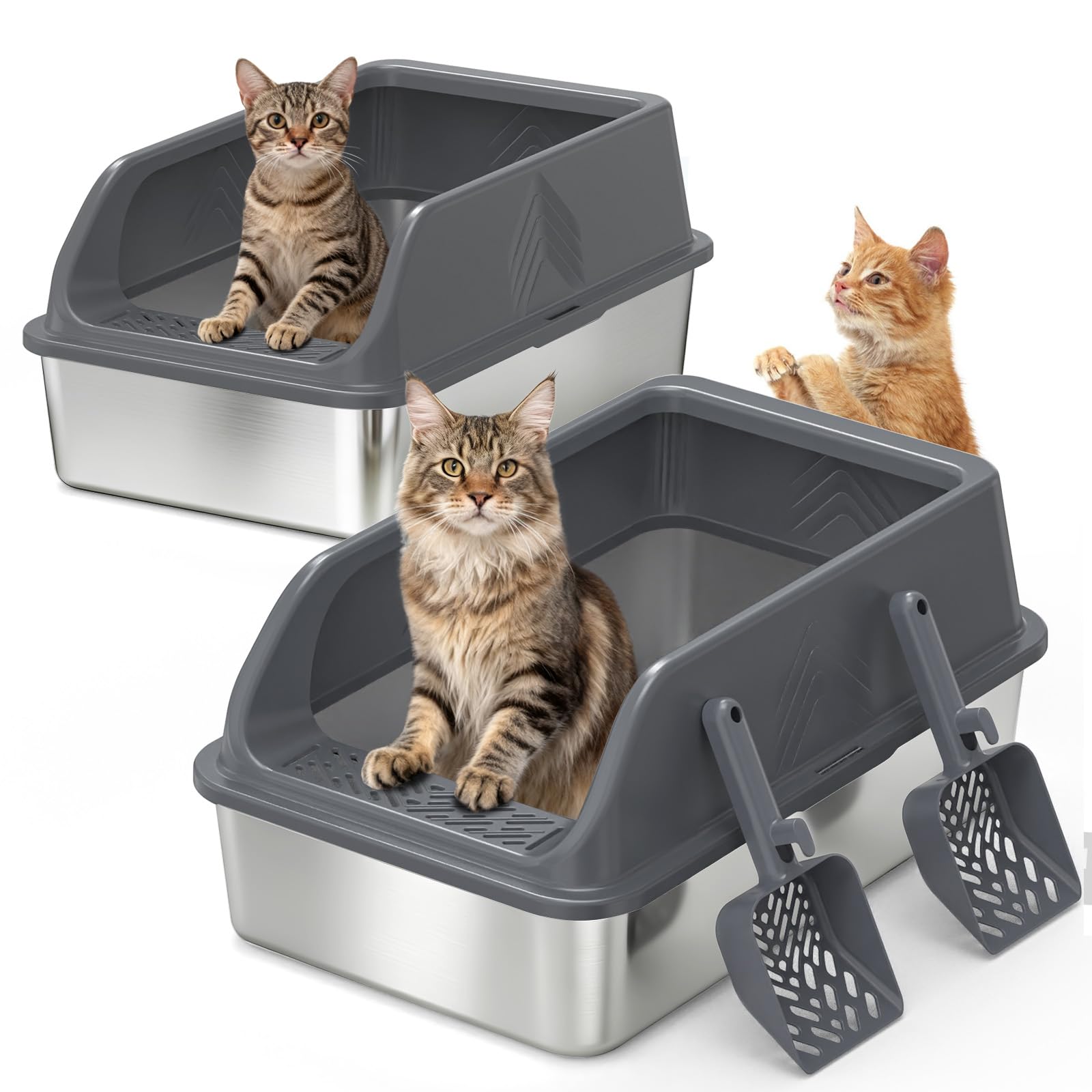 AKAOLA caja de arena de acero inoxidable con tapa XL, ideal para gatos grandes.