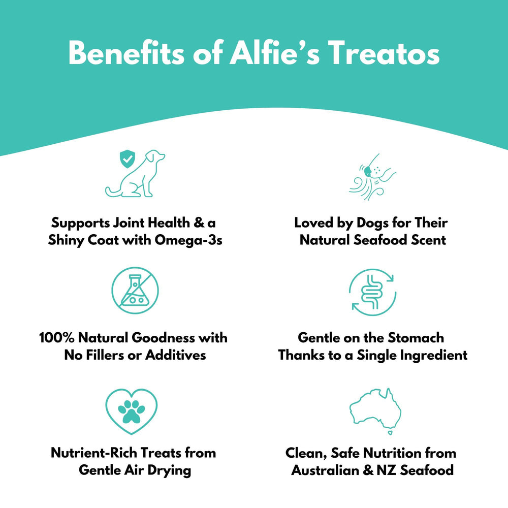ALFIE'S TREATOS mejillones verdes al aire, textura crujiente para masticar.