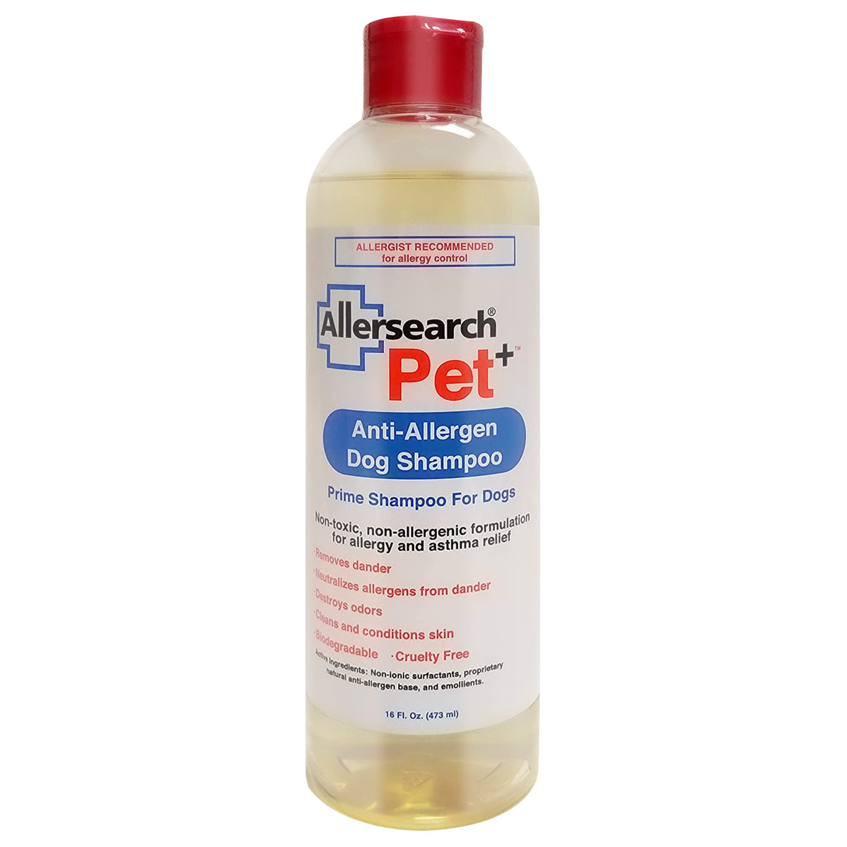 Allersearch Pet+ champú para perro, botella muestra aplicación suave para piel sensible.