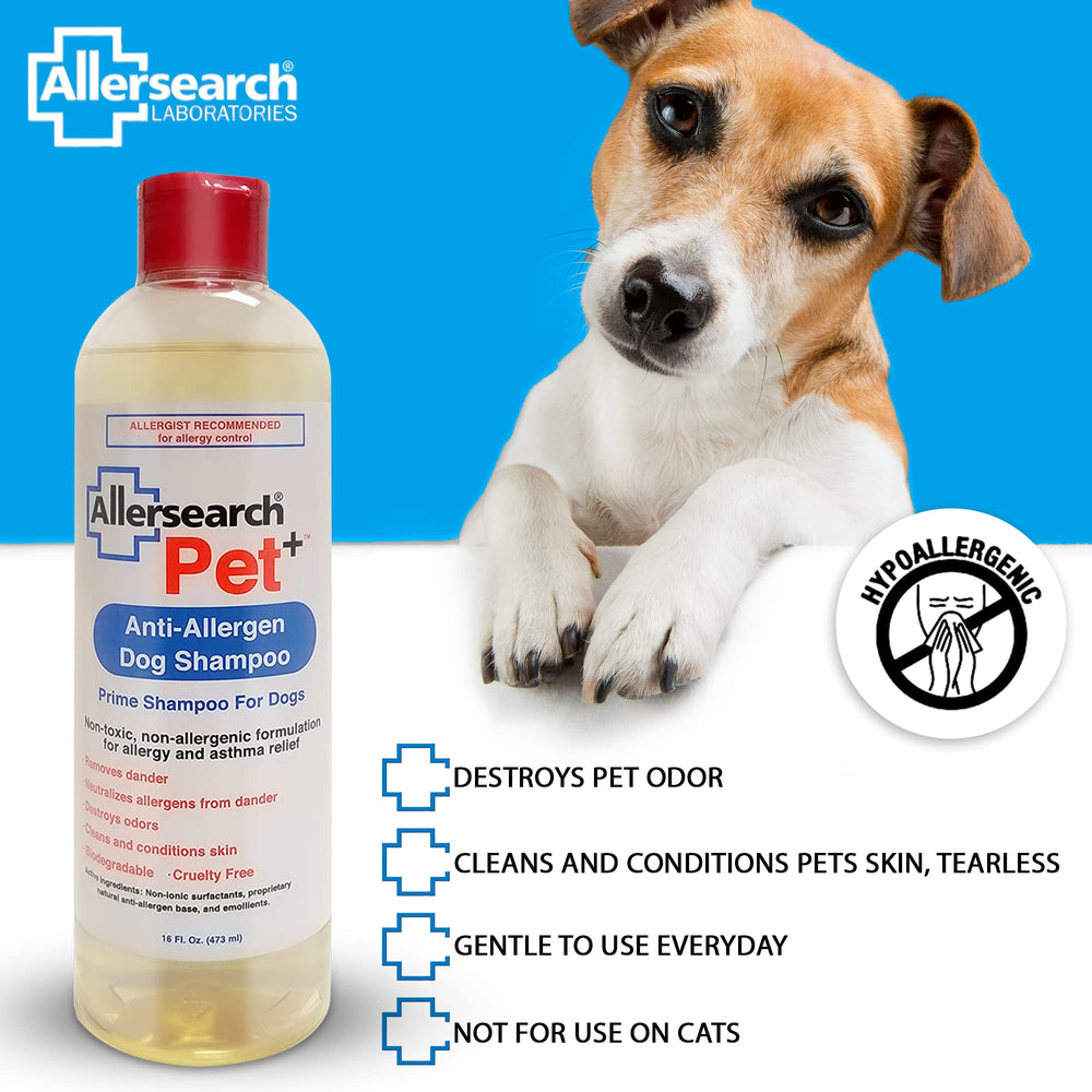 Allersearch Pet+ champú, sin fragancia ni colorantes, opción natural para perros sensibles.